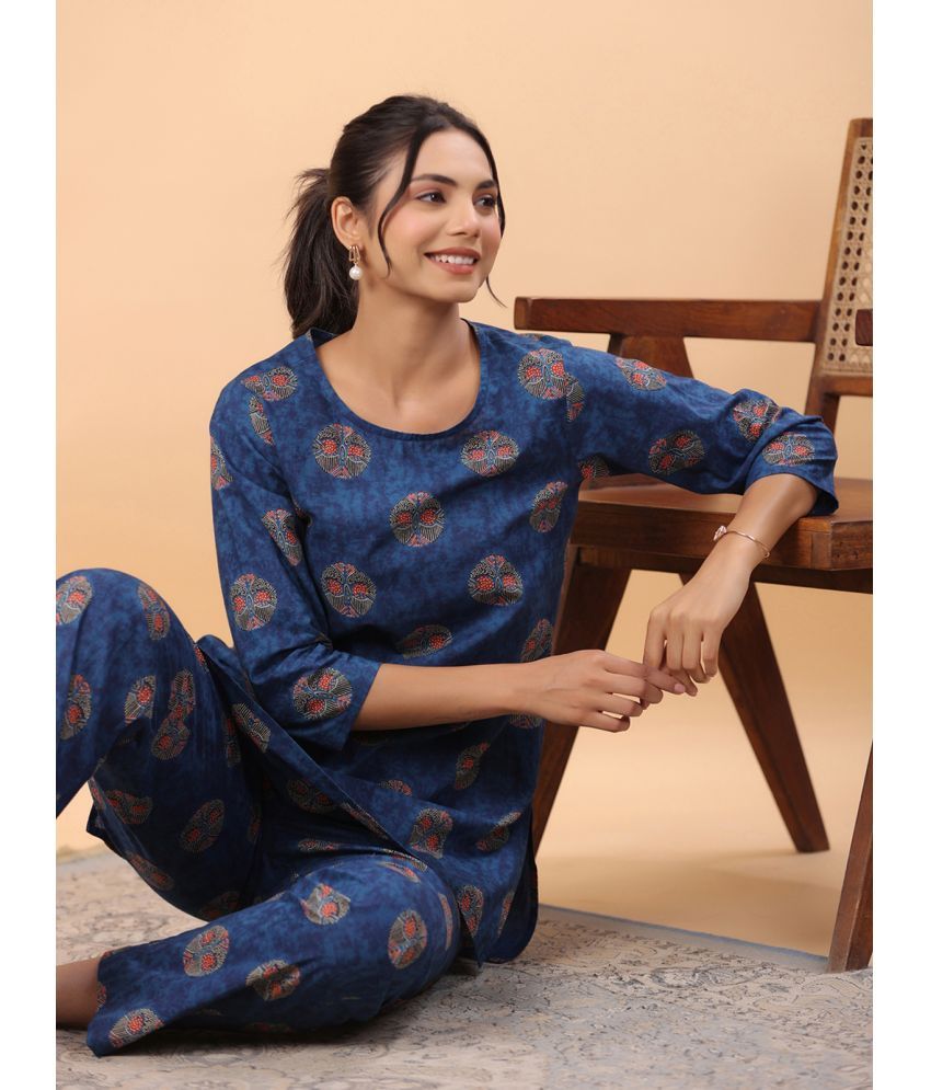     			Janasya Cotton Printed Ethnic Top With Pants Women's Stitched Salwar Suit - Blue ( Pack of 1 )