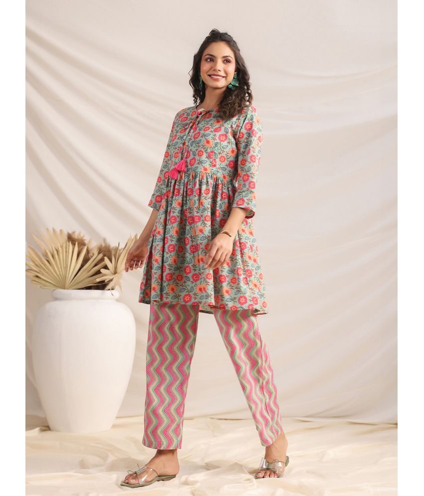     			Janasya Cotton Printed Ethnic Top With Pants Women's Stitched Salwar Suit - Green ( Pack of 1 )