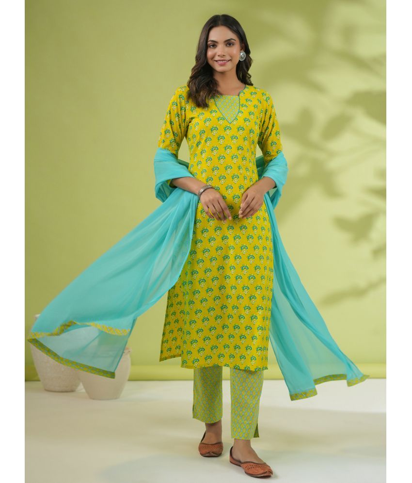     			Janasya Cotton Printed Kurti With Pants Women's Stitched Salwar Suit - Yellow ( Pack of 1 )