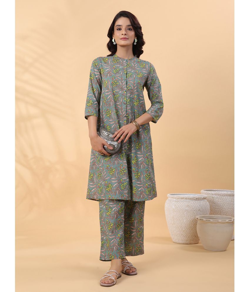     			Janasya Cotton Printed Kurti With Pants Women's Stitched Salwar Suit - Green ( Pack of 1 )