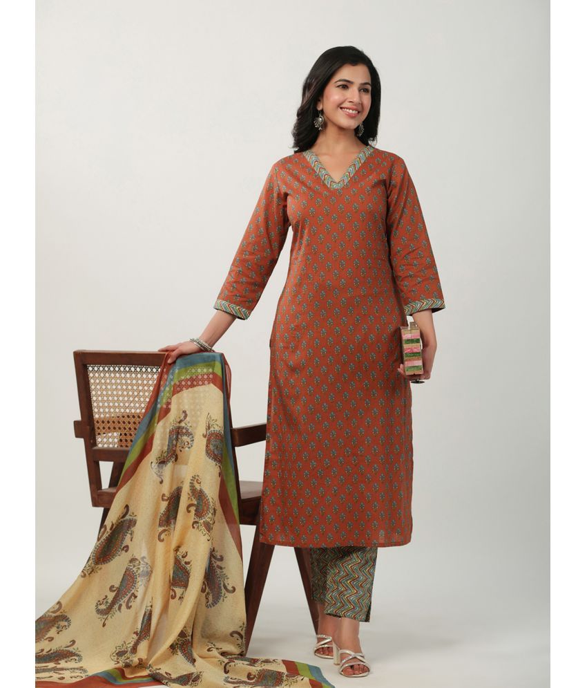     			Janasya Cotton Printed Kurti With Pants Women's Stitched Salwar Suit - Brown ( Pack of 1 )