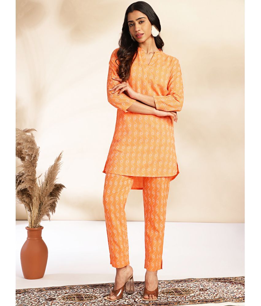     			Janasya Cotton Printed Kurti With Pants Women's Stitched Salwar Suit - Orange ( Pack of 1 )