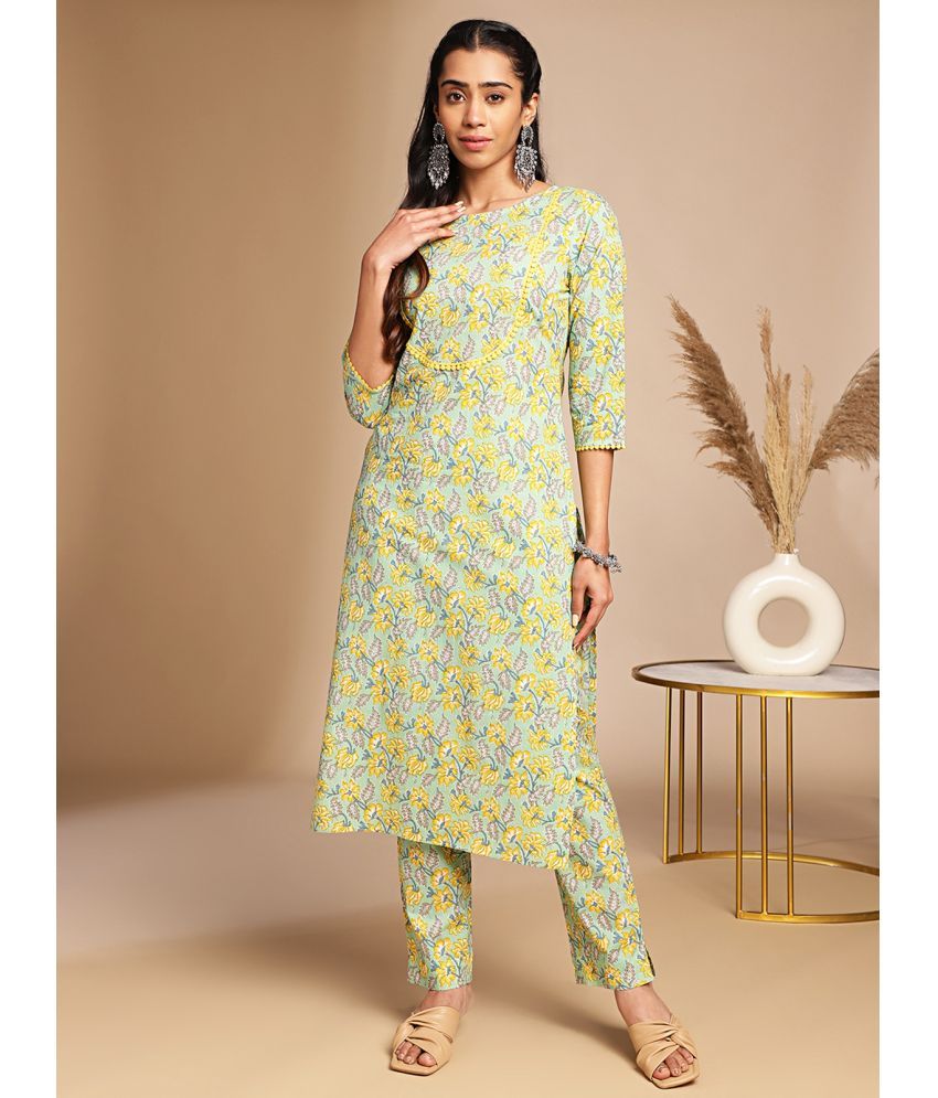     			Janasya Cotton Printed Kurti With Pants Women's Stitched Salwar Suit - Green ( Pack of 1 )