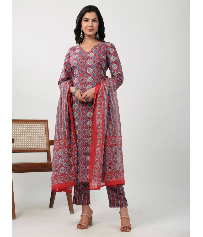     			Janasya Cotton Printed Kurti With Pants Women's Stitched Salwar Suit - Red ( Pack of 1 )