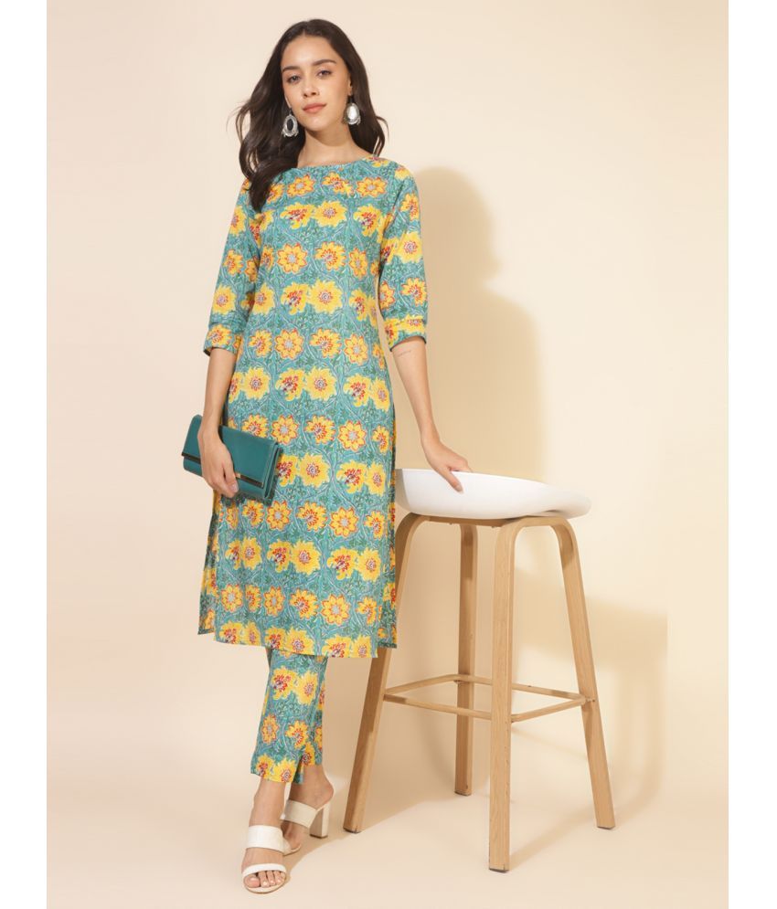     			Janasya Cotton Printed Kurti With Pants Women's Stitched Salwar Suit - Green ( Pack of 1 )