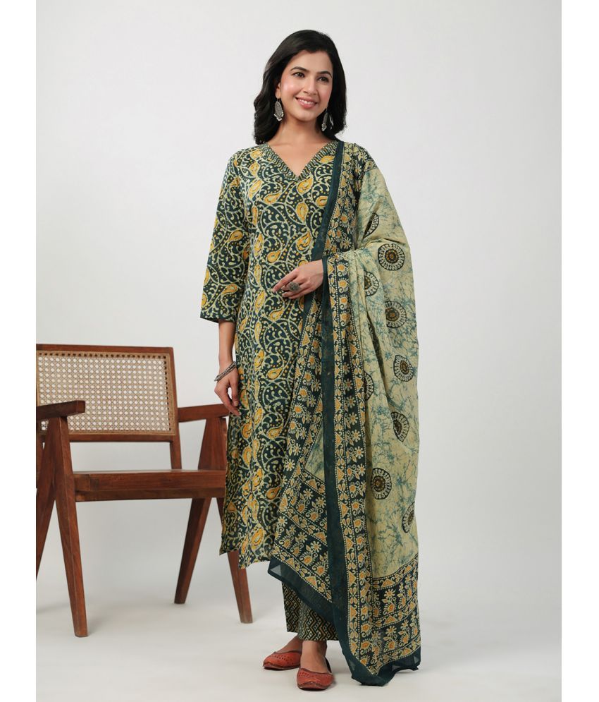     			Janasya Cotton Printed Kurti With Pants Women's Stitched Salwar Suit - Green ( Pack of 1 )