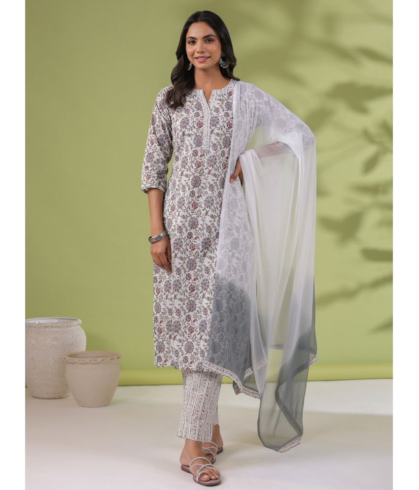     			Janasya Cotton Printed Kurti With Pants Women's Stitched Salwar Suit - White ( Pack of 1 )