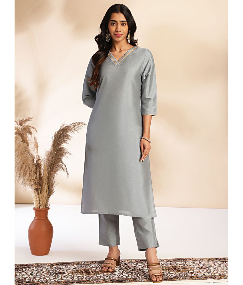     			Janasya Crepe Solid Kurti With Pants Women's Stitched Salwar Suit - Grey ( Pack of 1 )