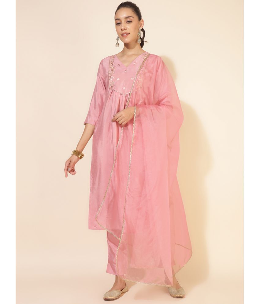     			Janasya Silk Blend Embroidered Kurti With Pants Women's Stitched Salwar Suit - Pink ( Pack of 1 )