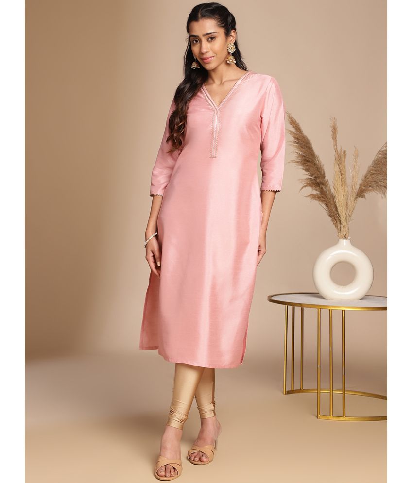     			Janasya Silk Blend Solid Straight Women's Kurti - Pink ( Pack of 1 )