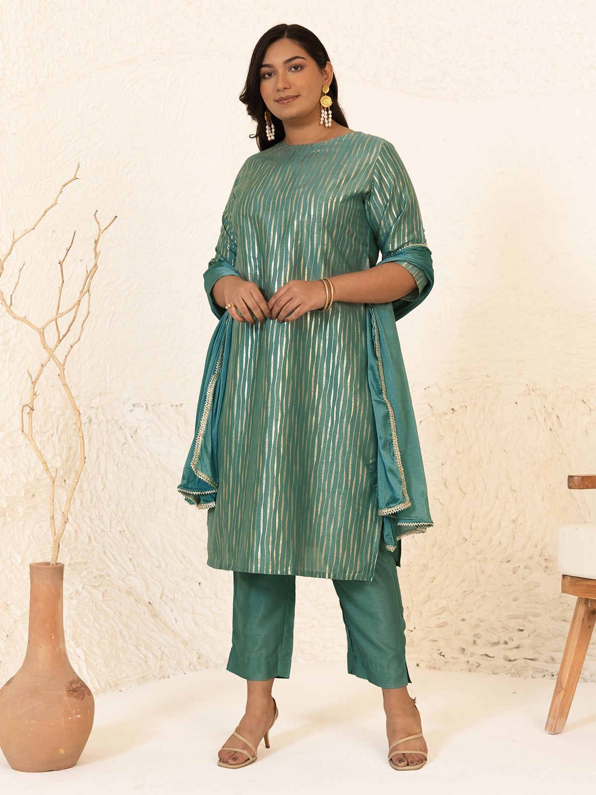     			Janasya Silk Blend Striped Kurti With Pants Women's Stitched Salwar Suit - Green ( Pack of 1 )