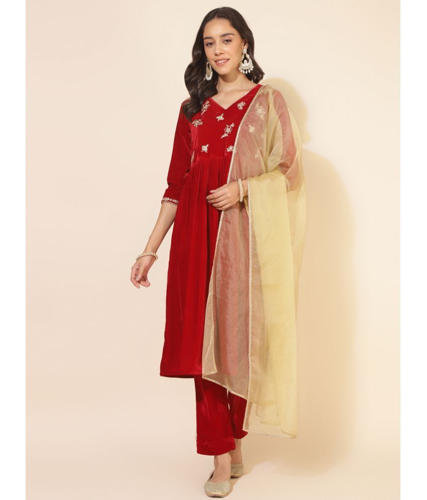     			Janasya Velvet Embroidered Kurti With Pants Women's Stitched Salwar Suit - Red ( Pack of 1 )