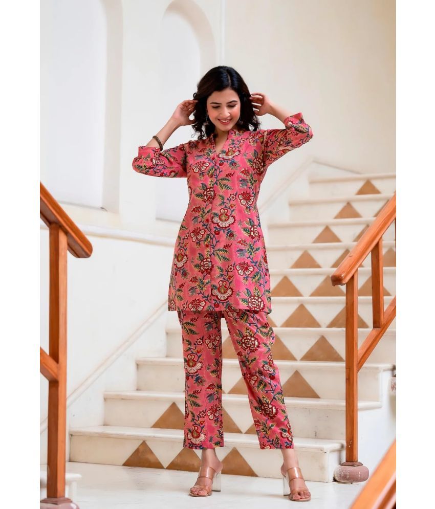     			Trijal Fab Rayon Printed Kurti With Pants Women's Stitched Salwar Suit - Pink ( Pack of 1 )