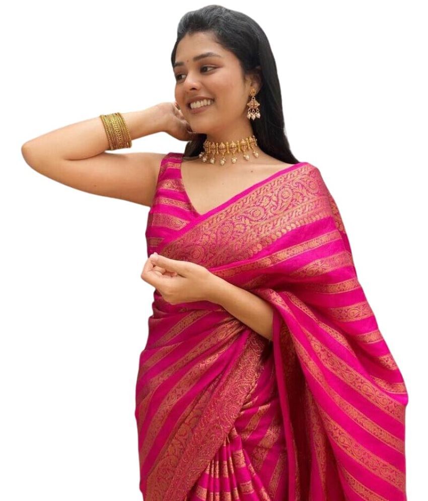     			Yashika Banarasi Silk Printed Saree With Blouse Piece - PINK ( Pack of 1 )