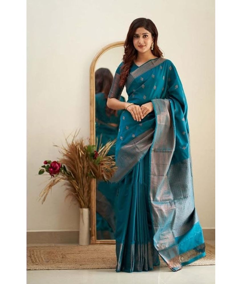     			Yashika Banarasi Silk Printed Saree With Blouse Piece - BLUE ( Pack of 1 )