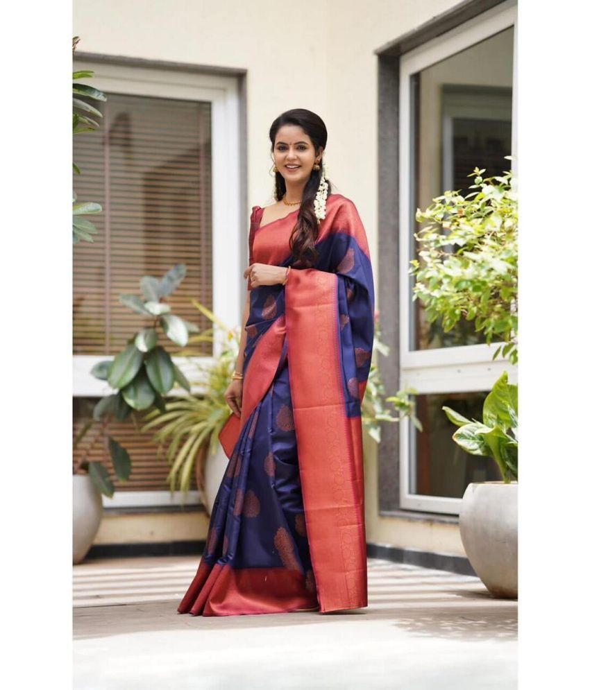     			Yashika Banarasi Silk Printed Saree With Blouse Piece - Navy Blue ( Pack of 1 )