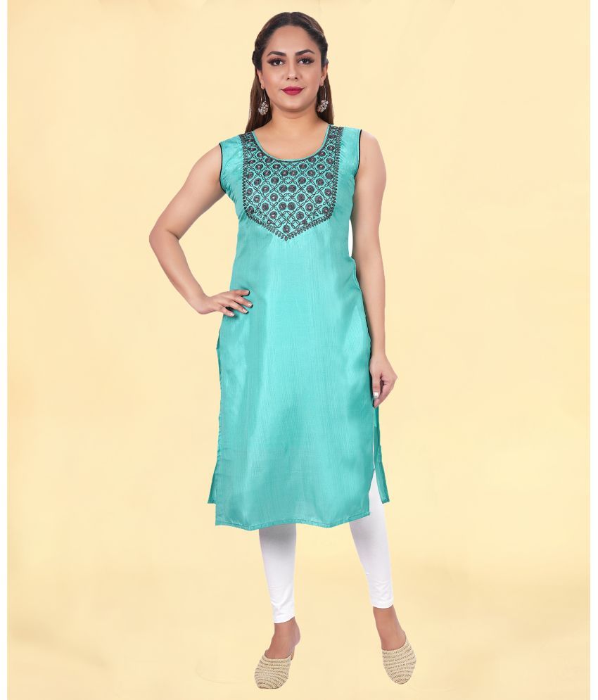     			Colorscube Cotton Silk Embellished Straight Women's Kurti - Sea Green ( Pack of 1 )