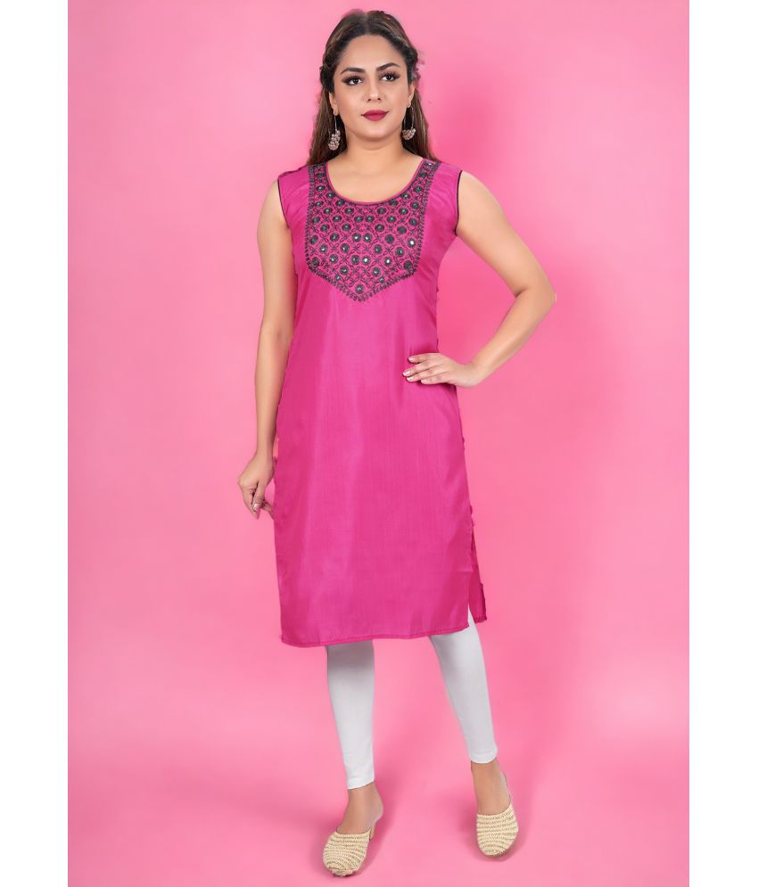     			Colorscube Cotton Silk Embellished Straight Women's Kurti - Pink ( Pack of 1 )