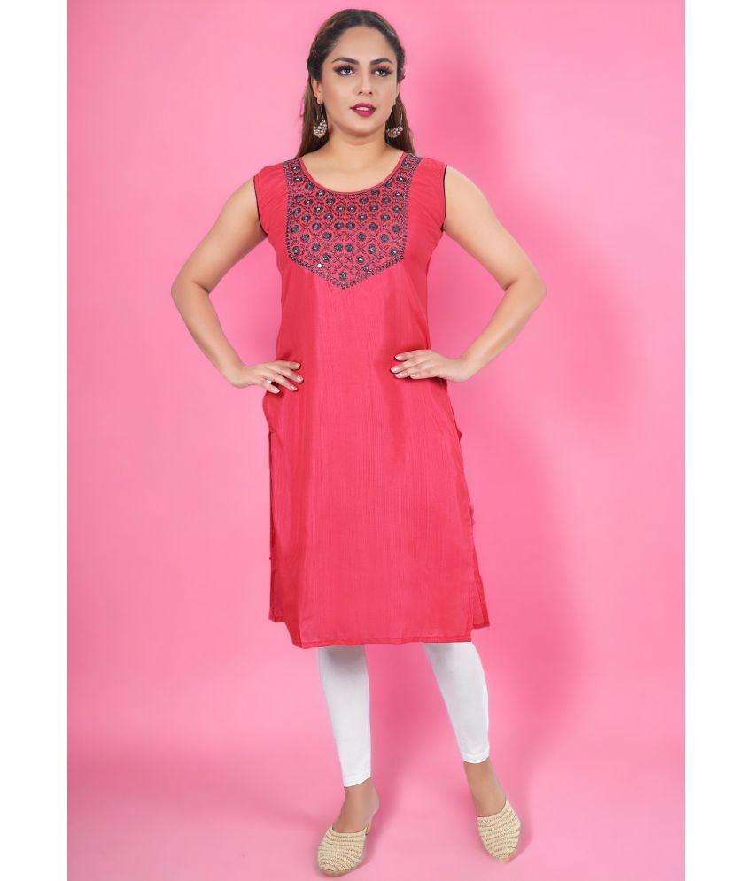     			Colorscube Cotton Silk Embellished Straight Women's Kurti - Coral ( Pack of 1 )