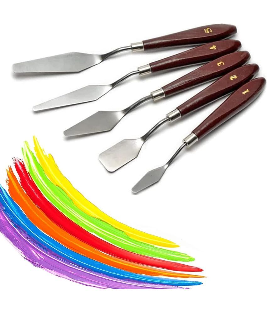     			ECLET Palette Painting Knives - Set of 5 Various Sizes & Shapes, Stainless Steel Scraper Spatula with Polished Brown Handle for Artist Canvas Oil Paint Mixing Colour(J)