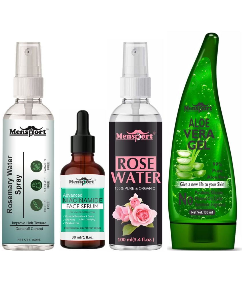     			Mensport Rosemary Water | Hair Spray For Hair Regrowth 100ml, Advanced Niacinamide Face Serum (Correct Blemishes & Scar) 30ml, Natural Rose Water 100ml & Natural Aloe Vera Gel 130ml - Set of 4 Items