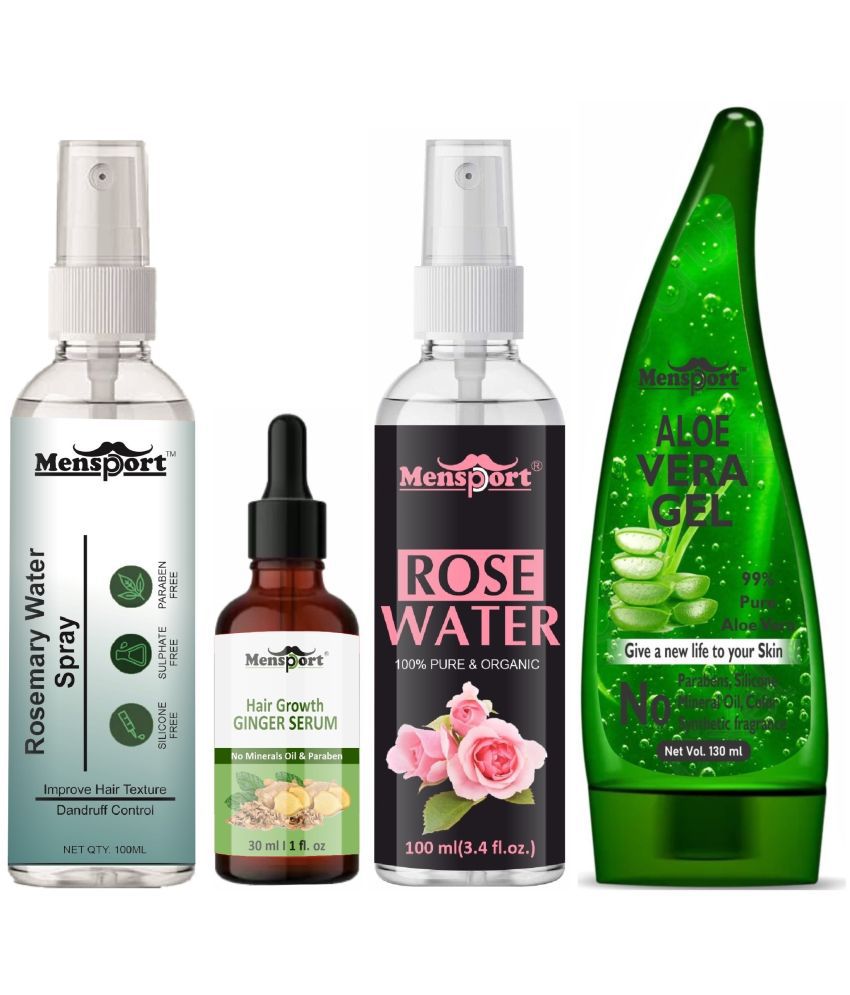    			Mensport Rosemary Water | Hair Spray For Hair Regrowth 100ml, Hair Growth Ginger Serum 30ml, Natural Rose Water 100ml & Natural Aloe Vera Gel 130ml - Set of 4 Items