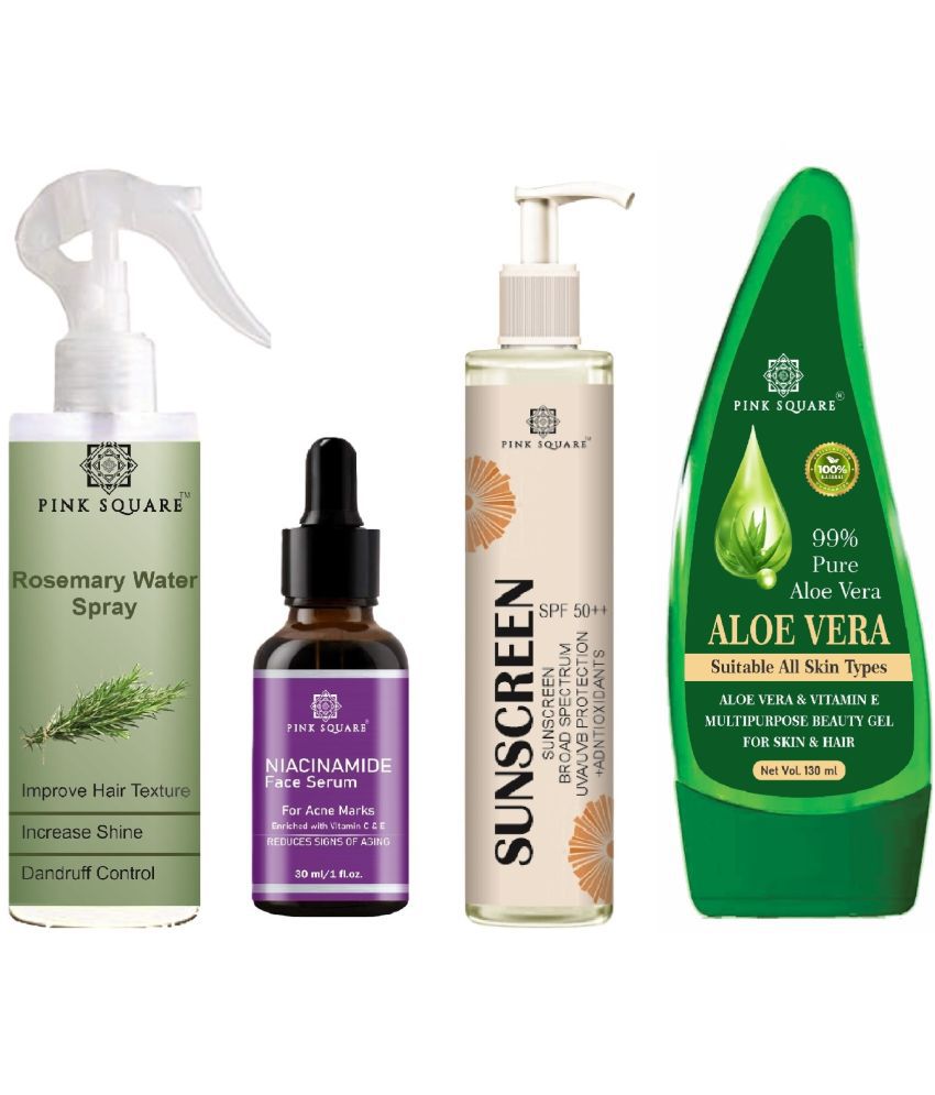     			Rosemary water Hair Spray for Hair Regrowth (100ml), Niacinamide Face Serum for Acne Marks (30ml), Sunscreen SPF 50 (100ml) & Aloe vera Gel (100ml) Combo of 4