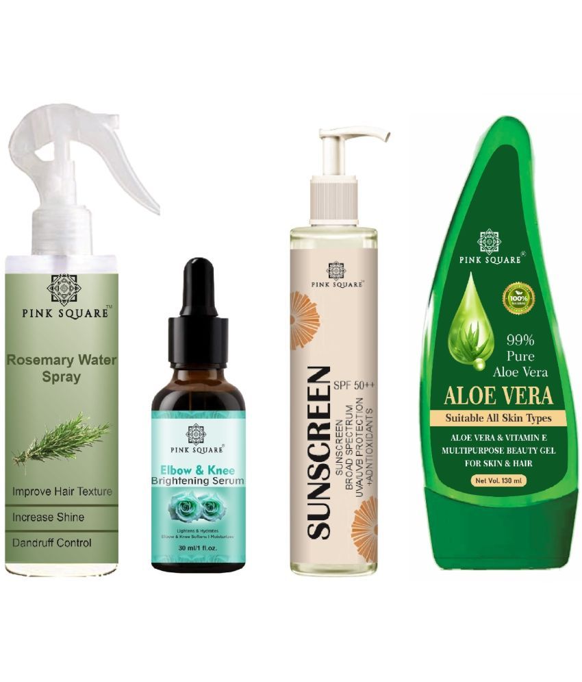     			Rosemary water Hair Spray for Hair Regrowth (100ml), Elbow and Knee Whitening Serum for Remove Taining (30ml), Sunscreen SPF 50 (100ml) & Aloe vera Gel (100ml) Combo of 4