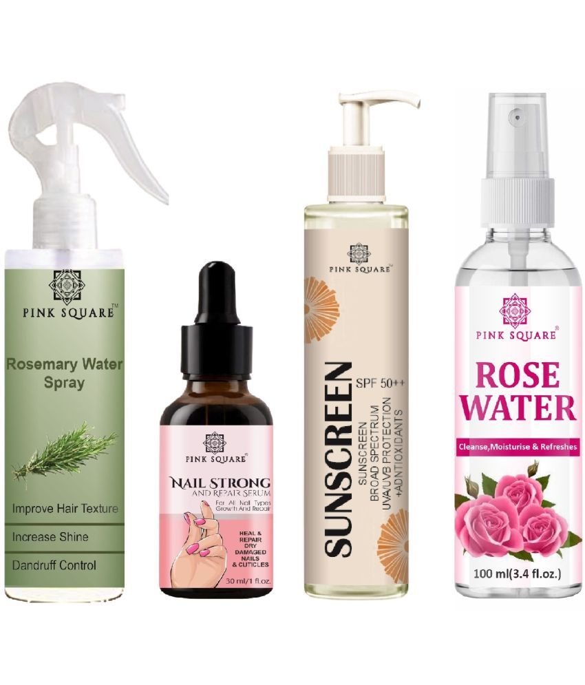     			Rosemary water Hair Spray for Hair Regrowth (100ml), Nail Strong and Repair Serum for Repair Nail (30ml), Sunscreen SPF 50 (100ml) & Rose water (100ml) Combo of 4