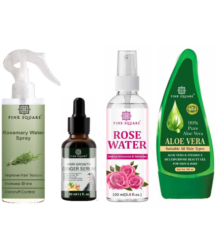     			Rosemary water Hair Spray for Hair Regrowth (100ml) & Hair Growth Ginger Serum for Reduce Hair Fall (30ml), Rose Water (100ml) & Aloe vera Gel (100ml) Combo of 4