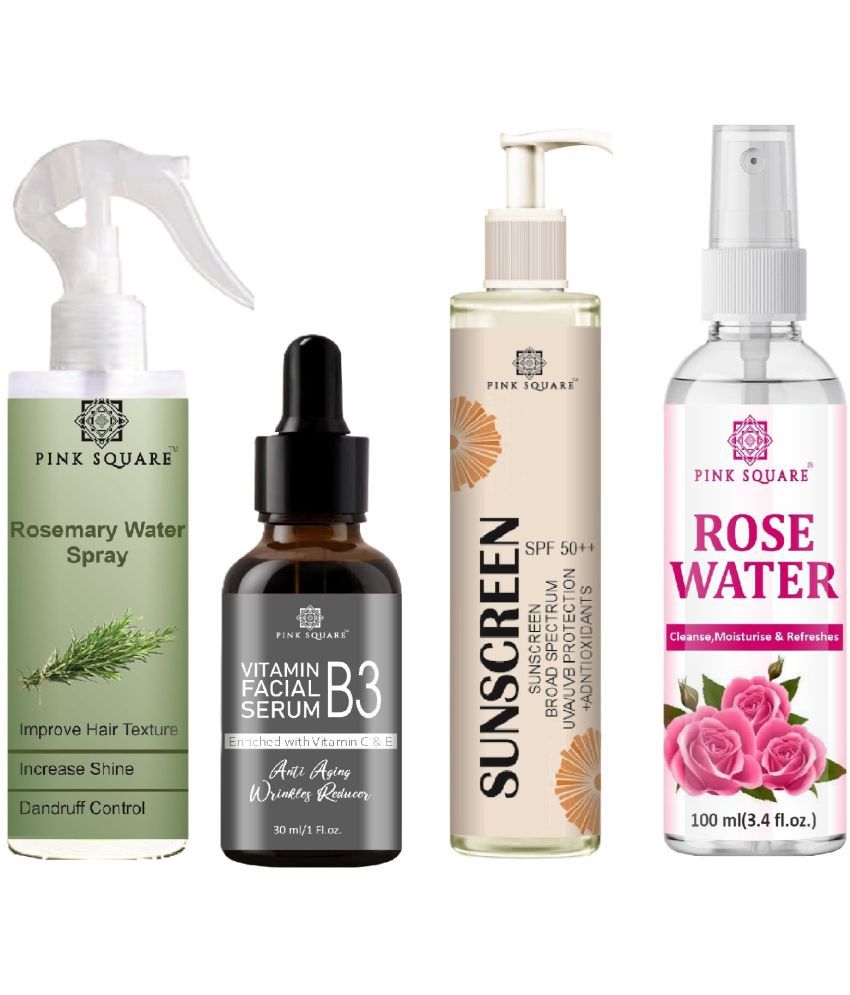     			Rosemary water Hair Spray for Hair Regrowth (100ml), Vitamin B3 Face Serum for Anti-Ageing (30ml), Sunscreen SPF 50 (100ml) & Rose water (100ml) Combo of 4