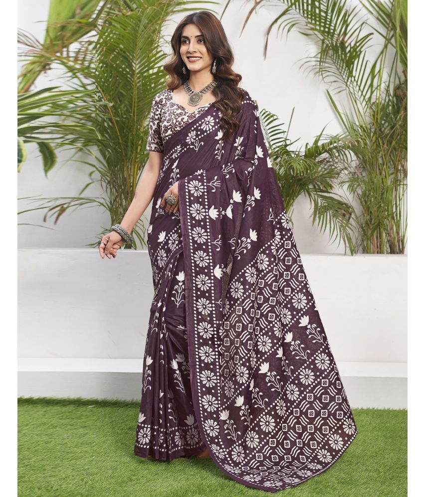     			Samah Cotton Printed Saree With Blouse Piece - Wine ( Pack of 1 )