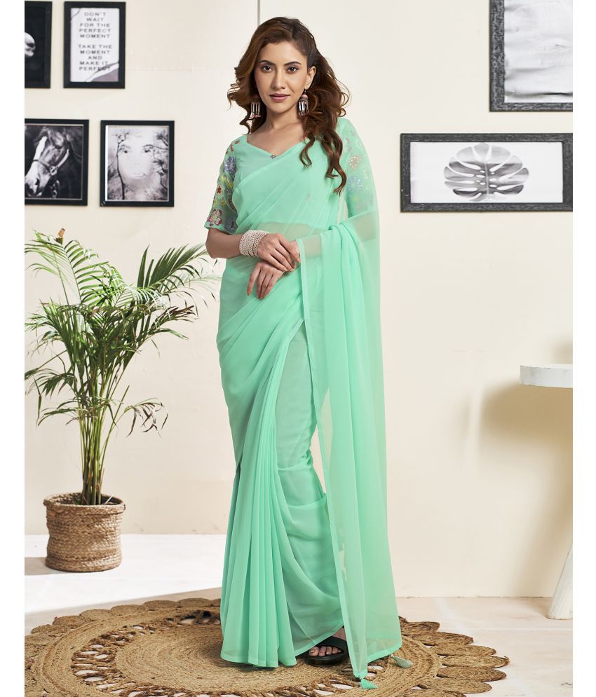     			Samah Georgette Solid Saree With Blouse Piece - Mint Green ( Pack of 1 )