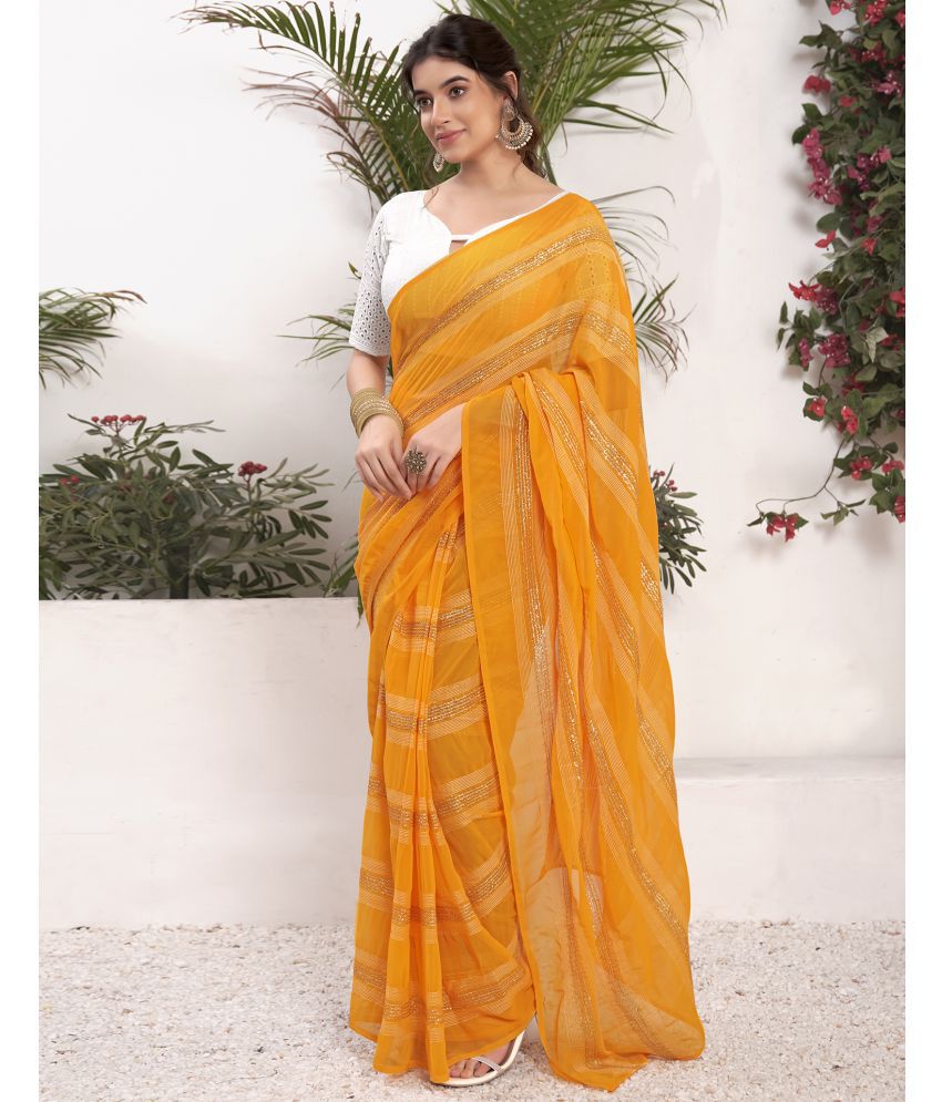     			Samah Georgette Striped Saree With Blouse Piece - Yellow ( Pack of 1 )