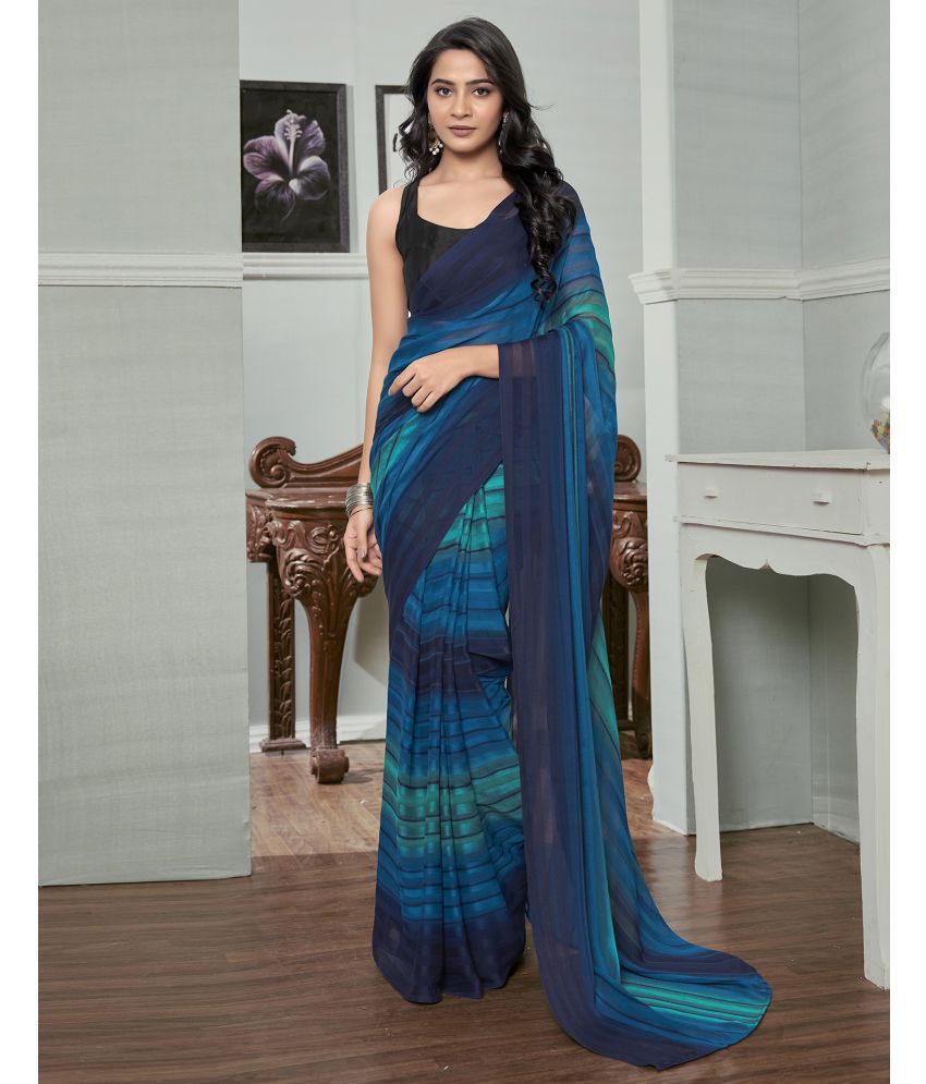     			Samah Georgette Striped Saree With Blouse Piece - Navy Blue ( Pack of 1 )