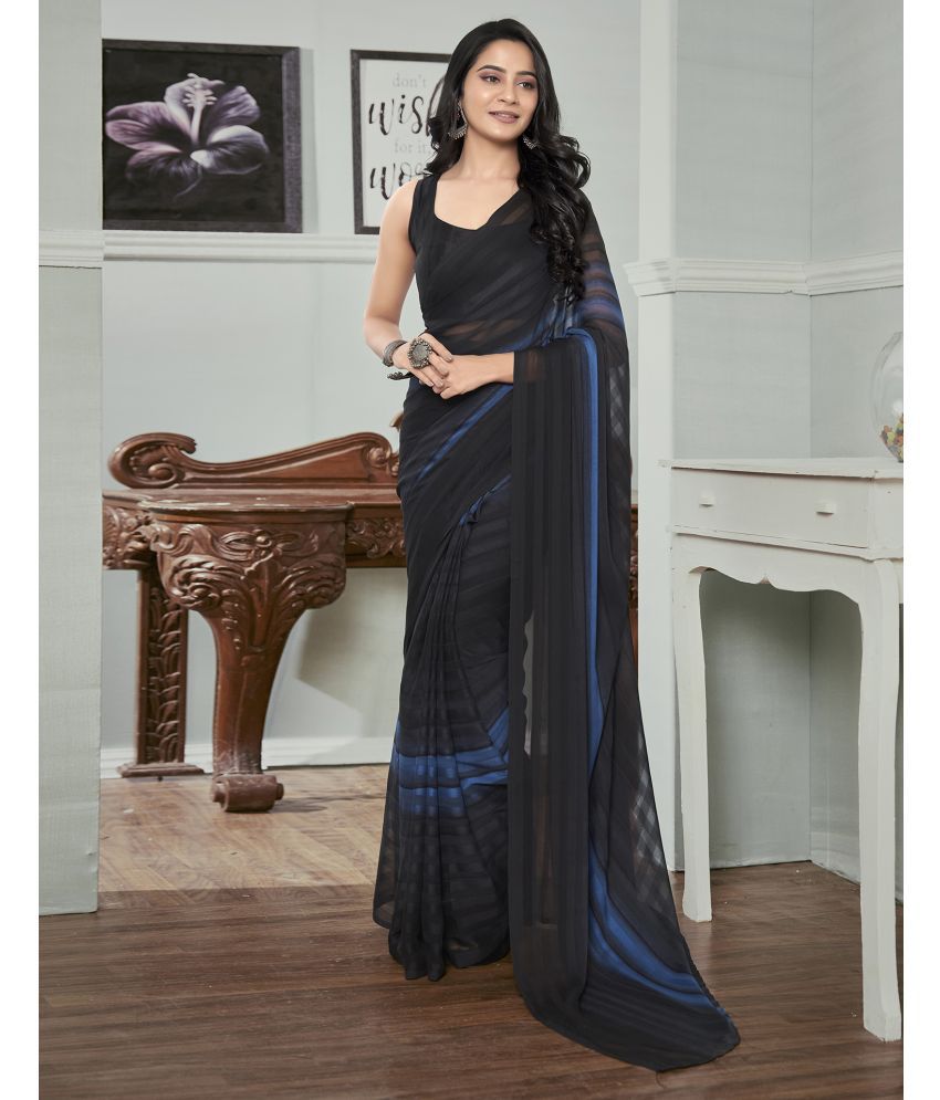     			Samah Georgette Striped Saree With Blouse Piece - Black ( Pack of 1 )