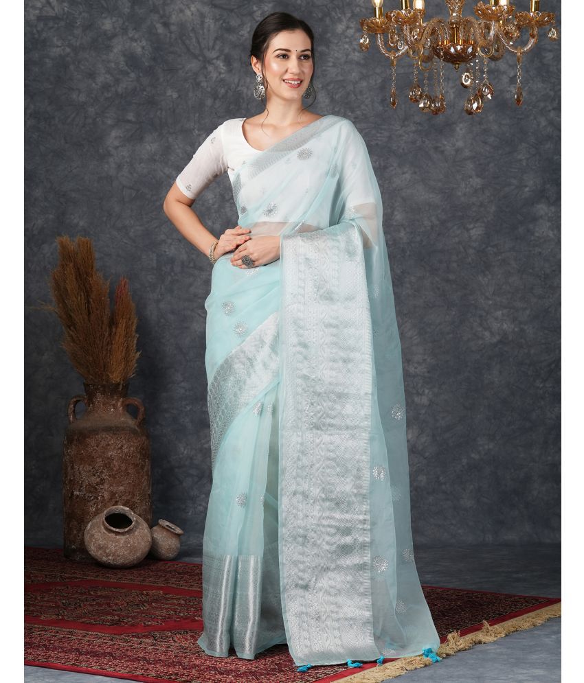     			Samah Organza Embroidered Saree With Blouse Piece - Light Blue ( Pack of 1 )