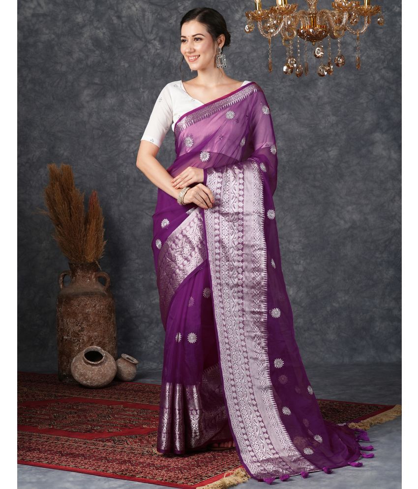     			Samah Organza Embroidered Saree With Blouse Piece - Purple ( Pack of 1 )