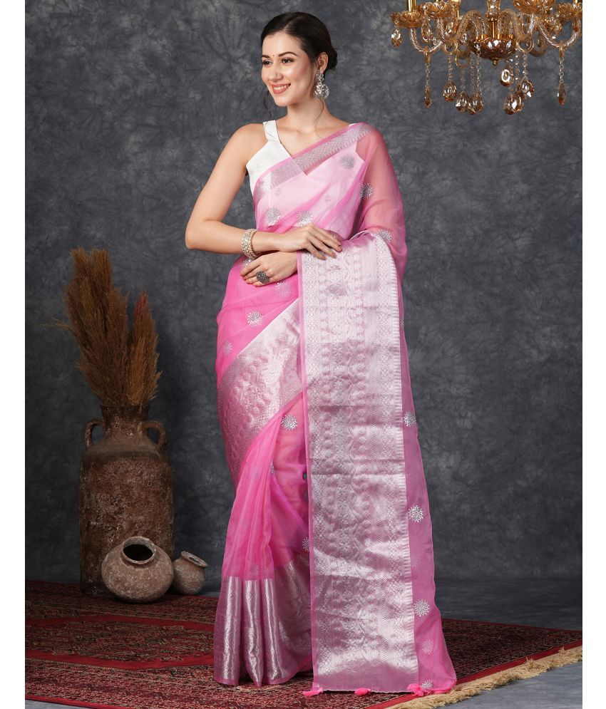     			Samah Organza Embroidered Saree With Blouse Piece - Pink ( Pack of 1 )