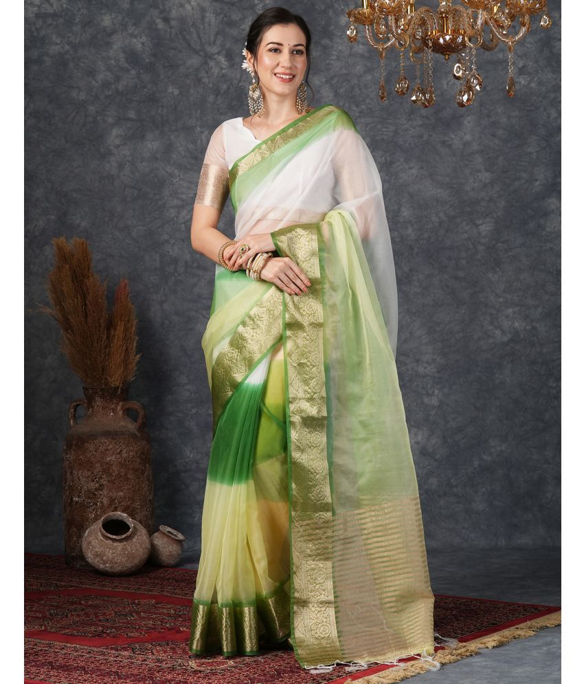     			Samah Organza Solid Saree With Blouse Piece - Green ( Pack of 1 )