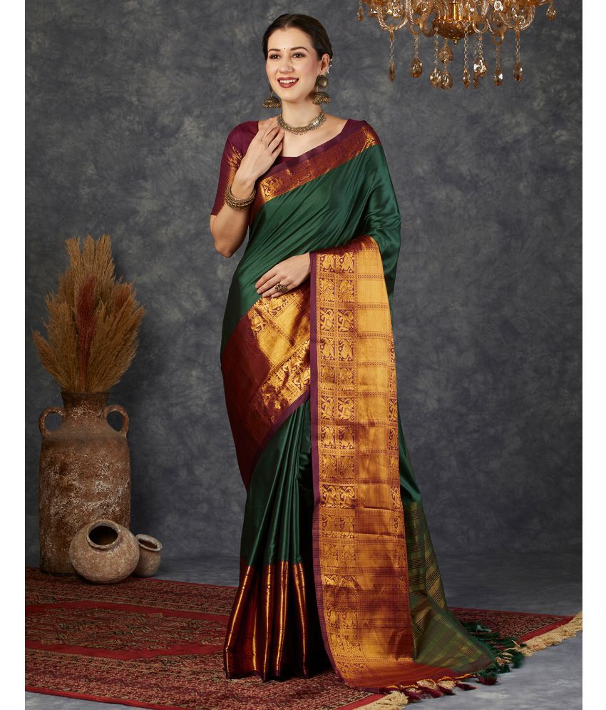     			Samah Silk Blend Woven Saree With Blouse Piece - Green ( Pack of 1 )