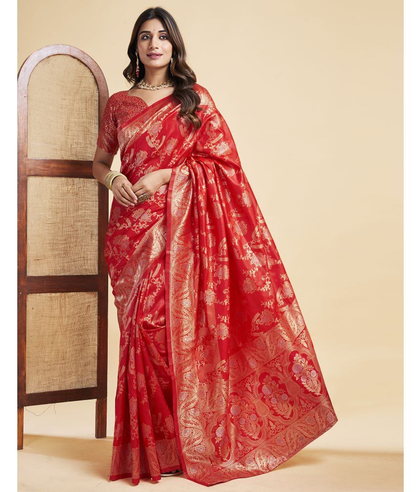     			Samah Silk Self Design Saree With Blouse Piece - Red ( Pack of 1 )