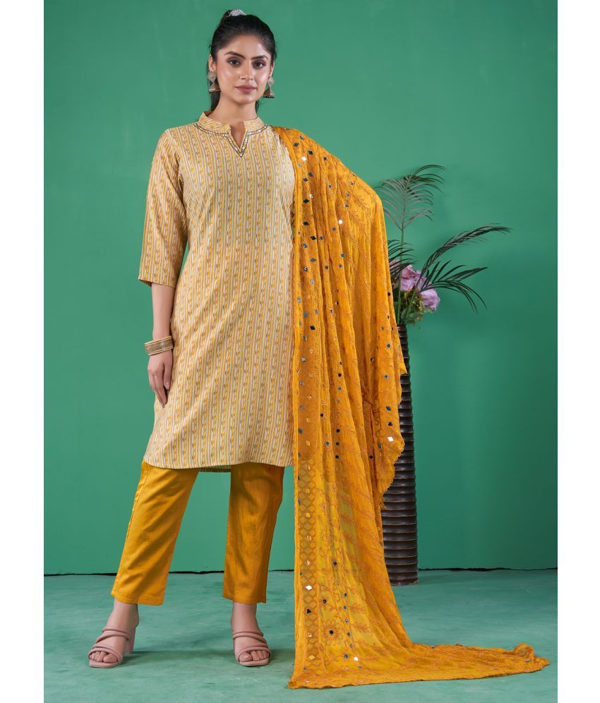     			Style Samsara Silk Embroidered Kurti With Pants Women's Stitched Salwar Suit - Mustard ( Pack of 1 )