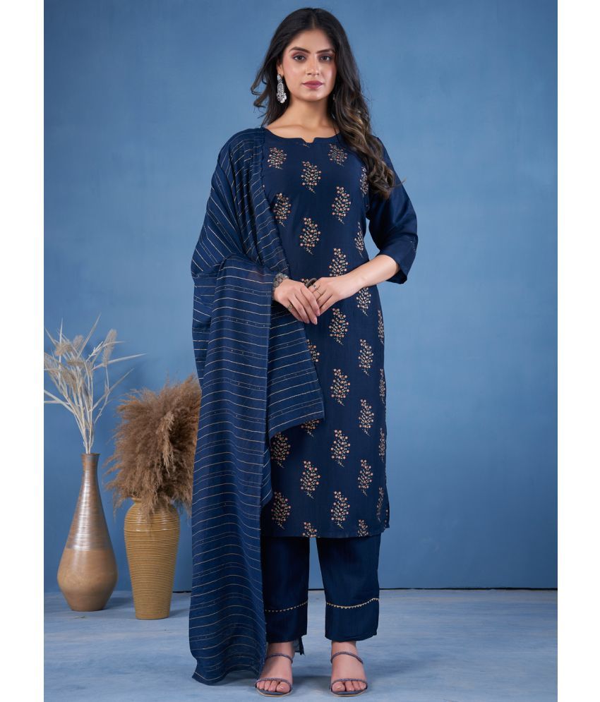     			Style Samsara Silk Printed Kurti With Pants Women's Stitched Salwar Suit - Blue ( Pack of 1 )