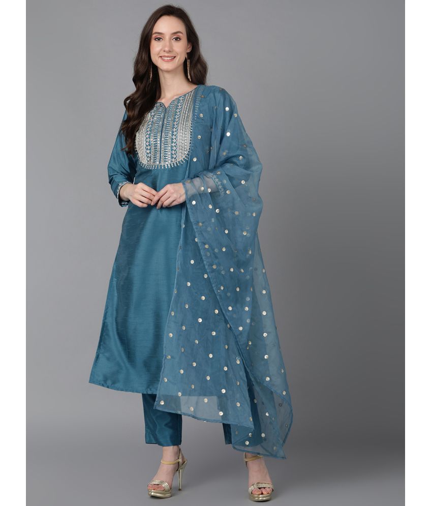     			Vaamsi Polyester Embroidered Kurti With Pants Women's Stitched Salwar Suit - Blue ( Pack of 1 )