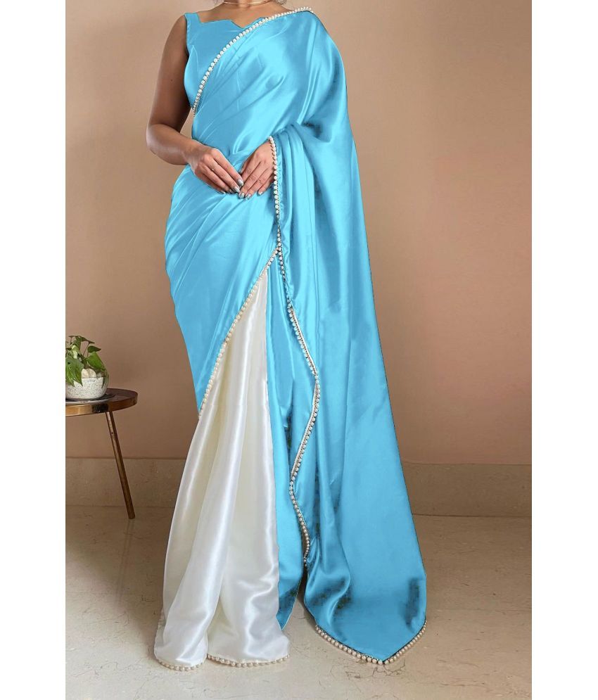     			A TO Z CART Satin Embellished Saree With Blouse Piece - SkyBlue ( Pack of 1 )