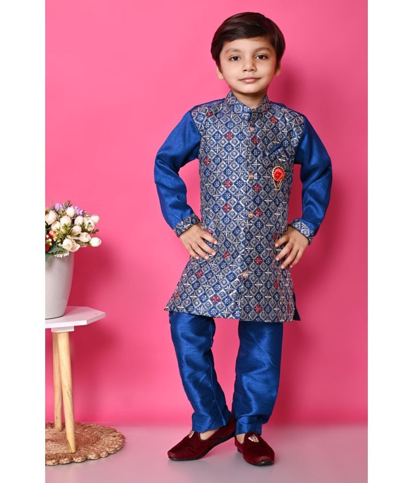     			New Collection Navy Blue Cotton Blend Boys Kurta Sets ( Pack of 1 )