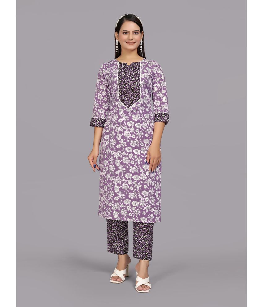     			Parnavi Cotton Printed Kurti With Pants Women's Stitched Salwar Suit - Grey ( Pack of 1 )