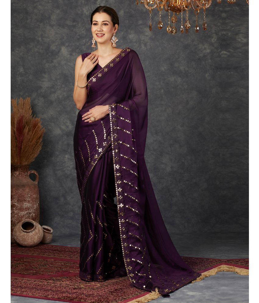     			Satrani Georgette Embellished Saree With Blouse Piece - Wine ( Pack of 1 )