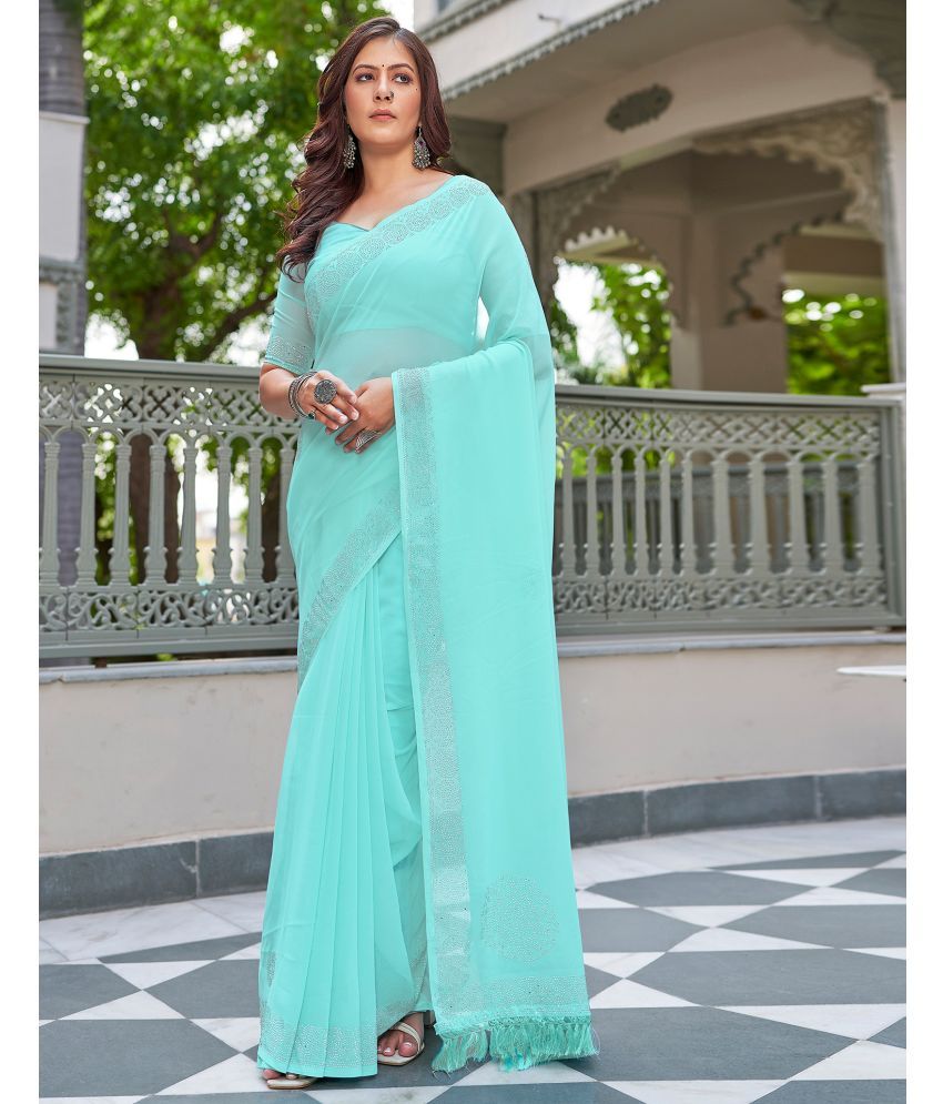     			Satrani Georgette Solid Saree With Blouse Piece - Turquoise ( Pack of 1 )